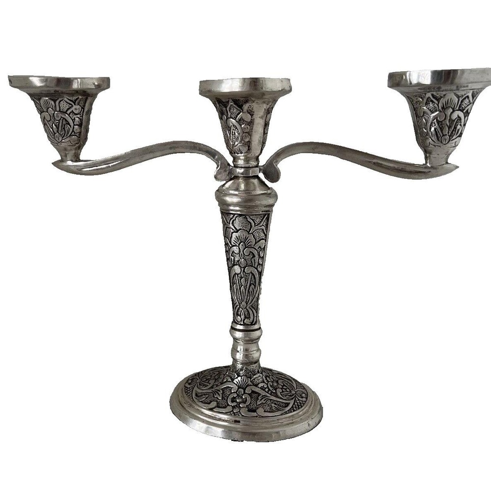 Vintage India Laquered Metal 3 Arm Candelabra Ornate Scrollwork 11" wide x 8.5"